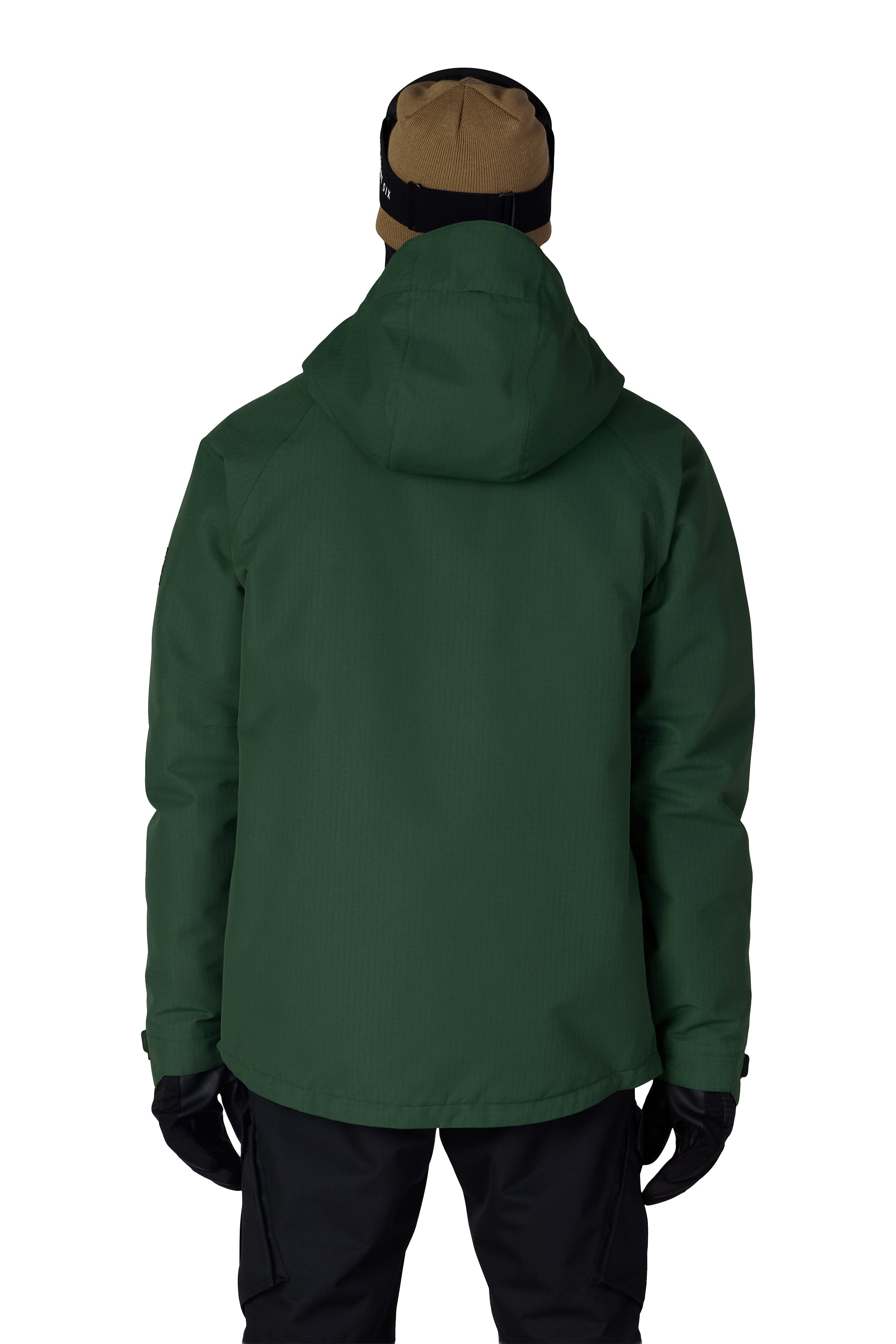 Men's insulated ski jacket back view in dark green with hood and black trim