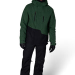 Men's insulated ski jacket in dark green with black lower panel and front zipper