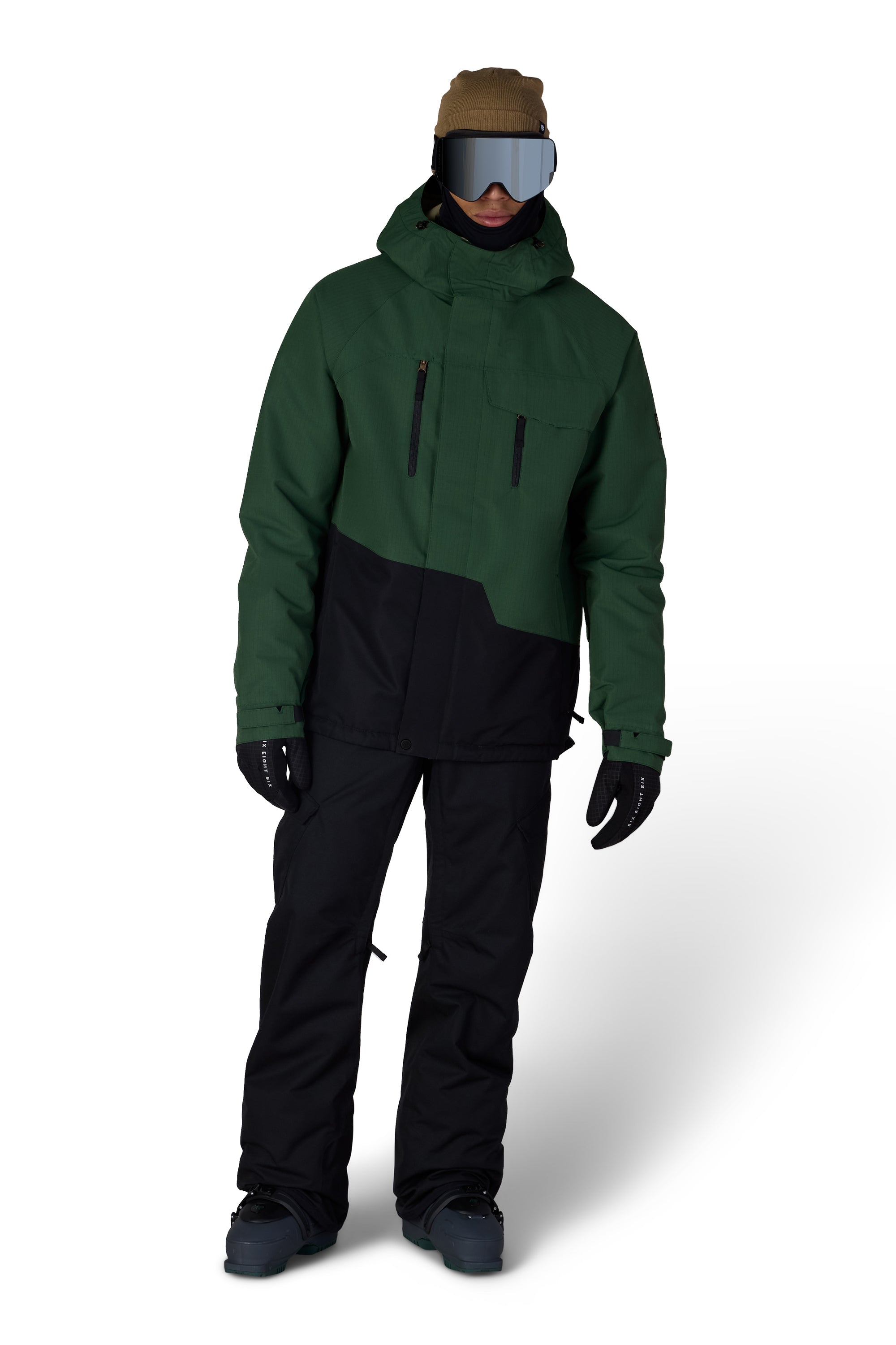 Men's insulated ski jacket in dark green with black lower panel and front zipper