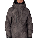 Men's dark gray camo shell jacket with hood, front zipper, logo patch on chest