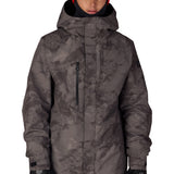 Men's dark gray camo shell jacket with hood, front zipper, logo patch on chest