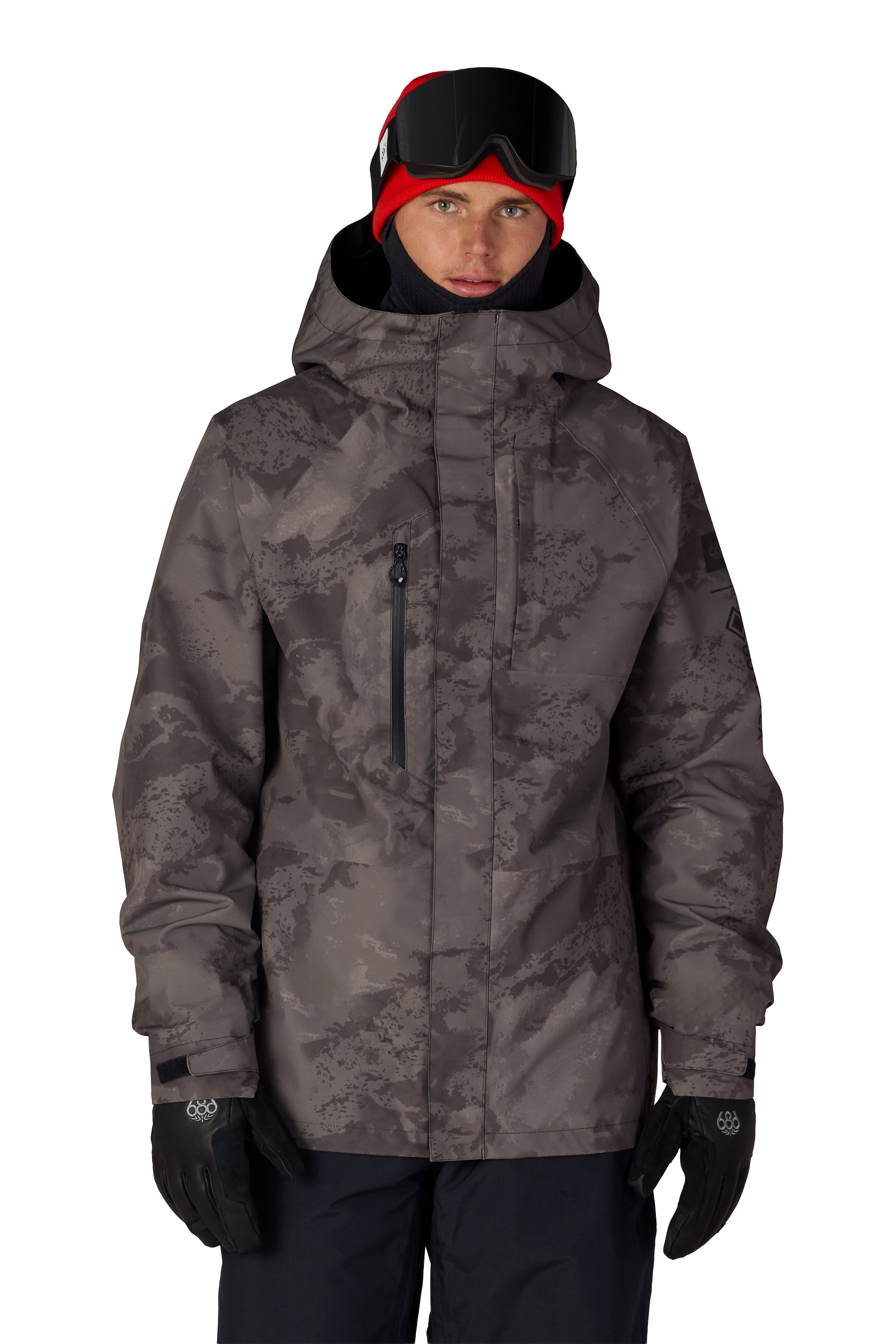 Men's dark gray camo shell jacket with hood, front zipper, logo patch on chest