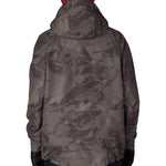 Men's dark gray camo shell jacket with hood, full-zip front, adjustable cuffs