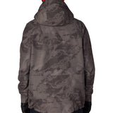 Men's dark gray camo shell jacket with hood, full-zip front, adjustable cuffs