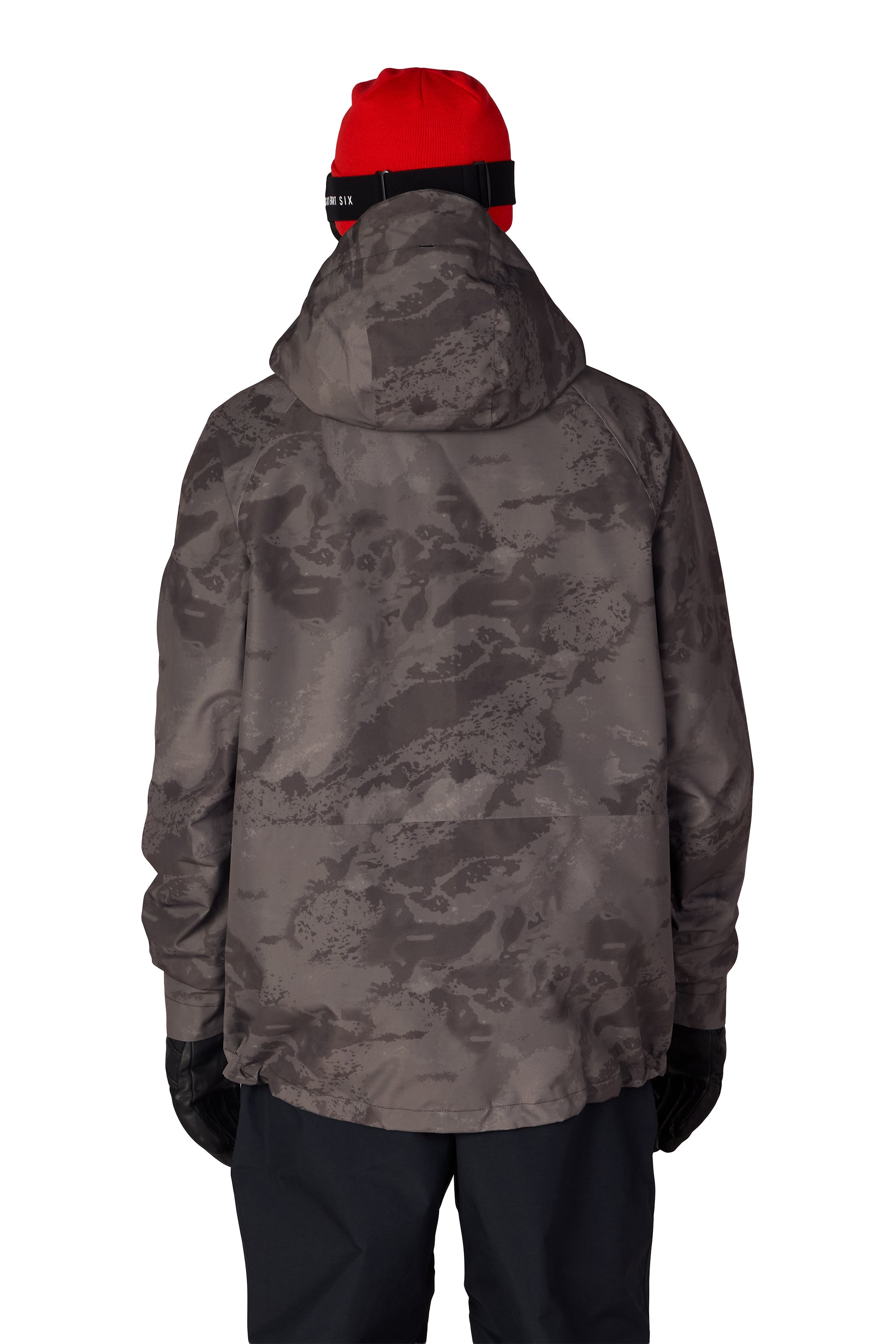 Men's dark gray camo shell jacket with hood, full-zip front, adjustable cuffs