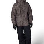Men's dark gray camo shell jacket with adjustable hood, full-zip front, side pockets