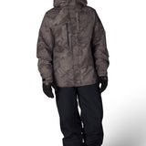 Men's dark gray camo shell jacket with adjustable hood, full-zip front, side pockets
