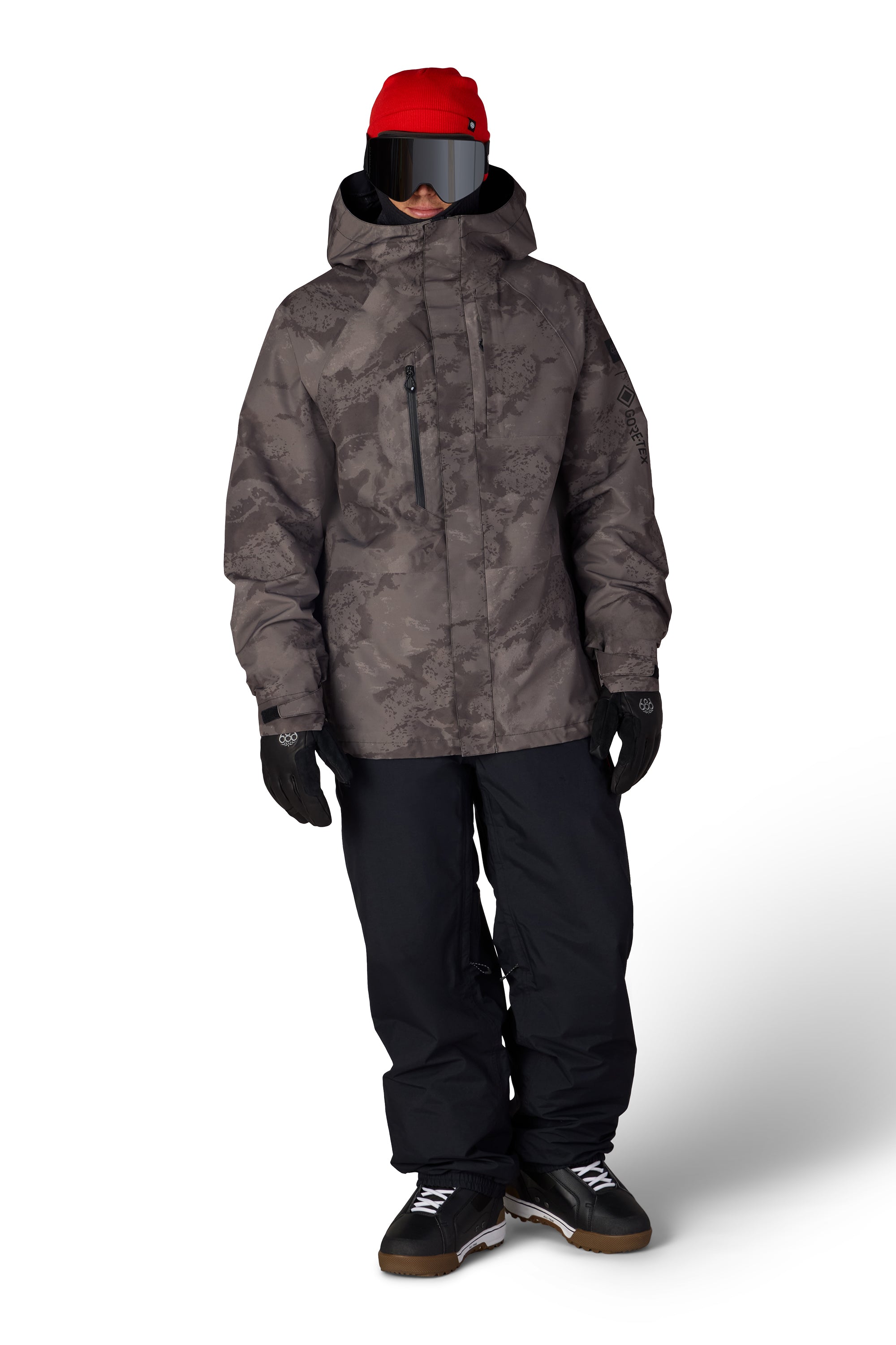 Men's dark gray camo shell jacket with adjustable hood, full-zip front, side pockets