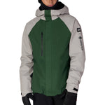 Men's green center shell jacket with white sleeves, hood, full-zip front, chest logo