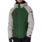 Men's green center shell jacket with white sleeves, hood, full-zip front, chest logo