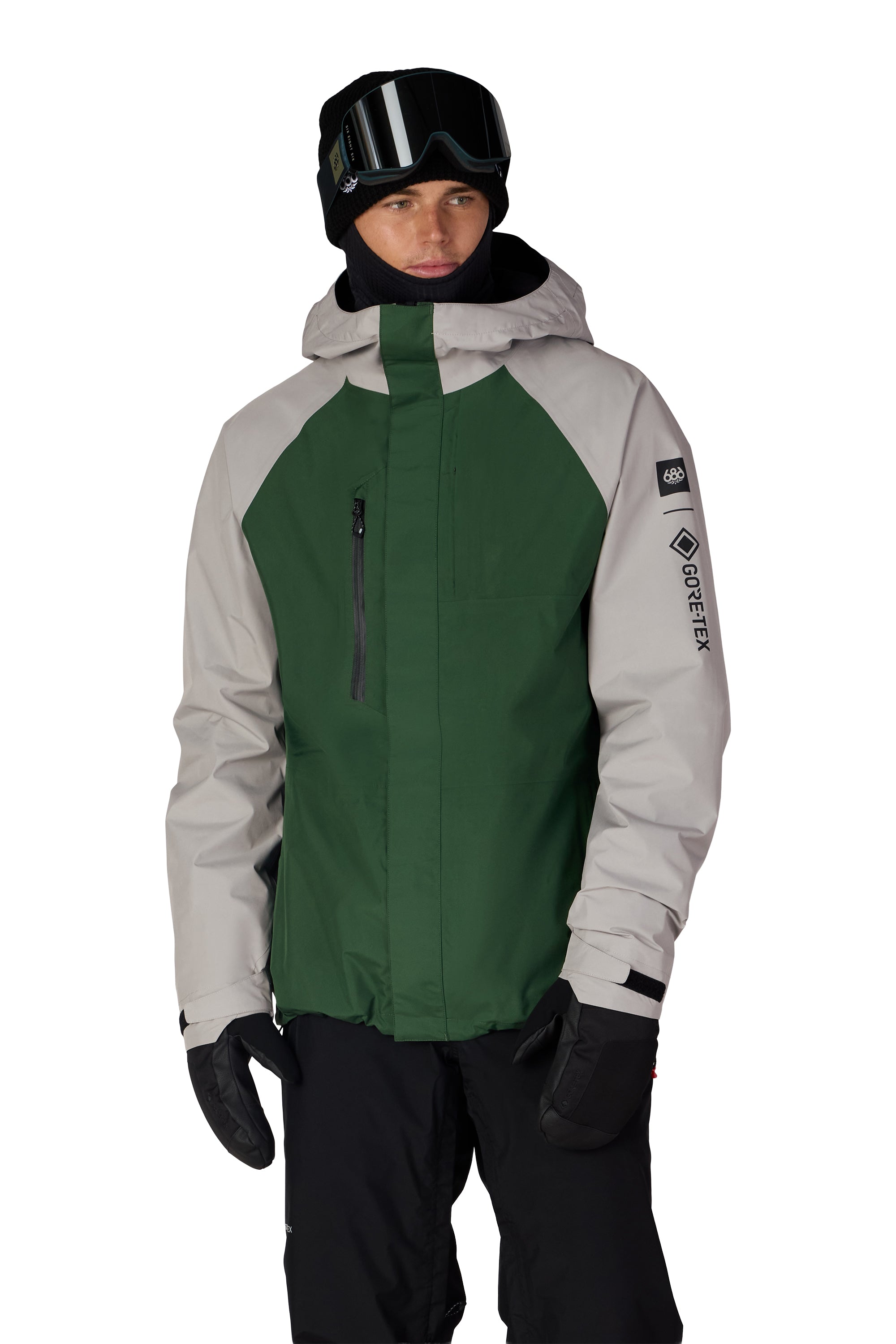 Men's green center shell jacket with white sleeves, hood, full-zip front, chest logo