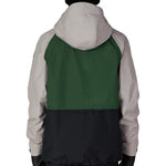 Men's green-and-white color-block shell jacket with hood, back view, full-zip front