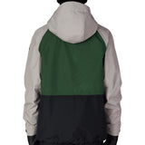 Men's green-and-white color-block shell jacket with hood, back view, full-zip front