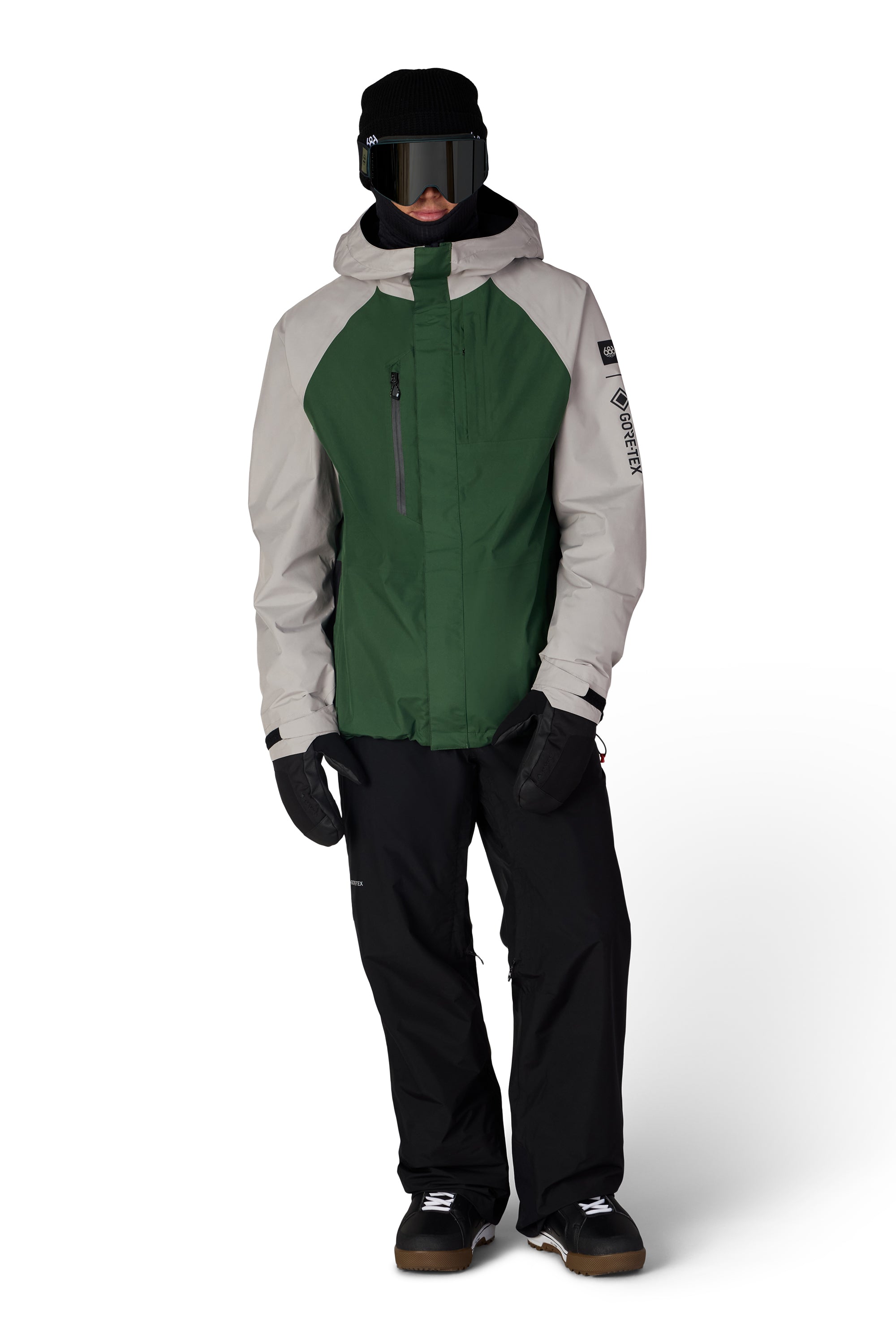 Men's color-block green and white shell jacket with hood, full-zip front, side pockets