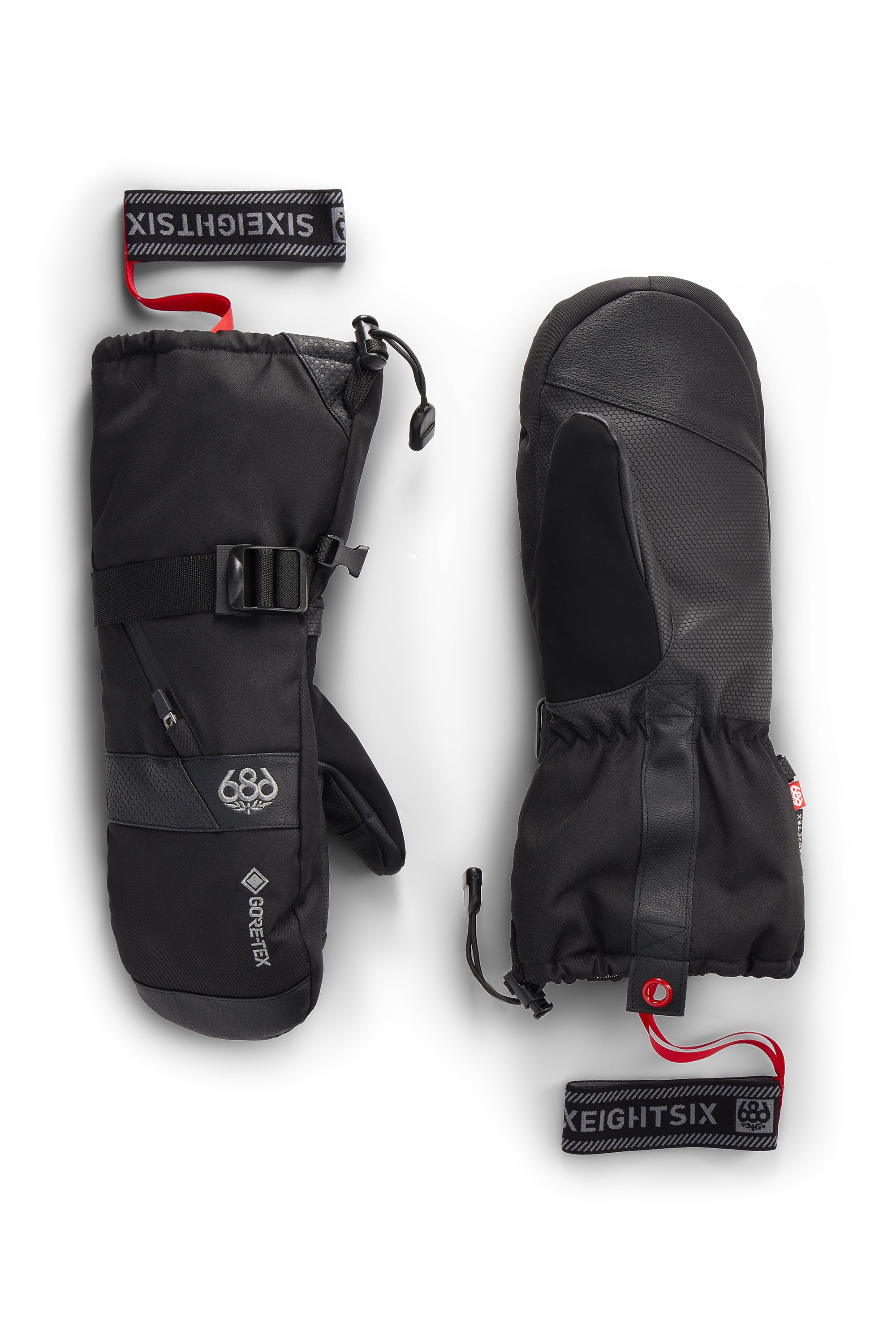 3-in-1 gauntlet mitts, black outer shell with vented knuckle panel and wrist cord