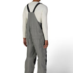 Gray insulated bib overalls with black shoulder straps and front storage pocket