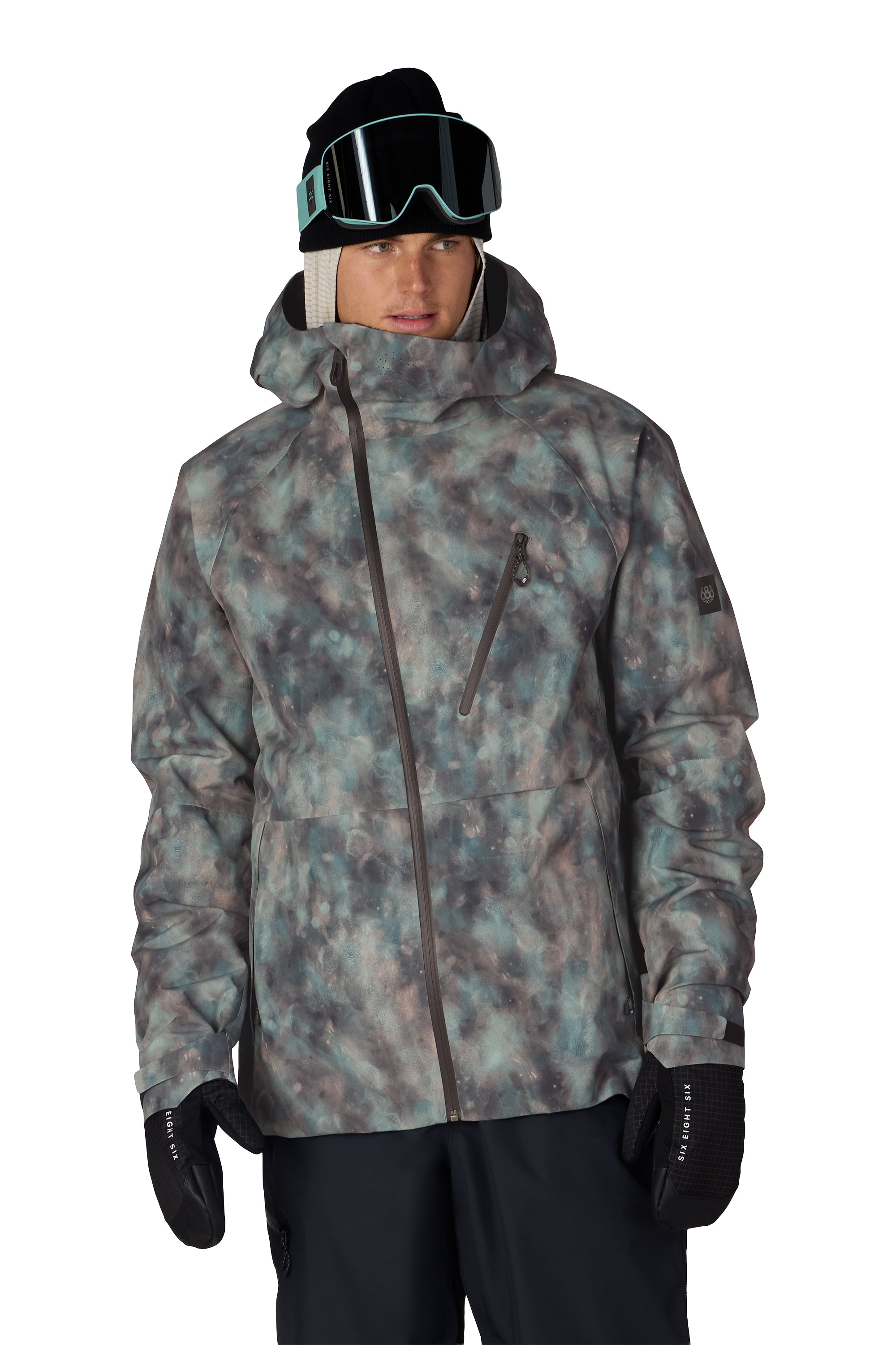 Men's hooded snow jacket in mottled gray-blue pattern with front zipper and drawcord hem.