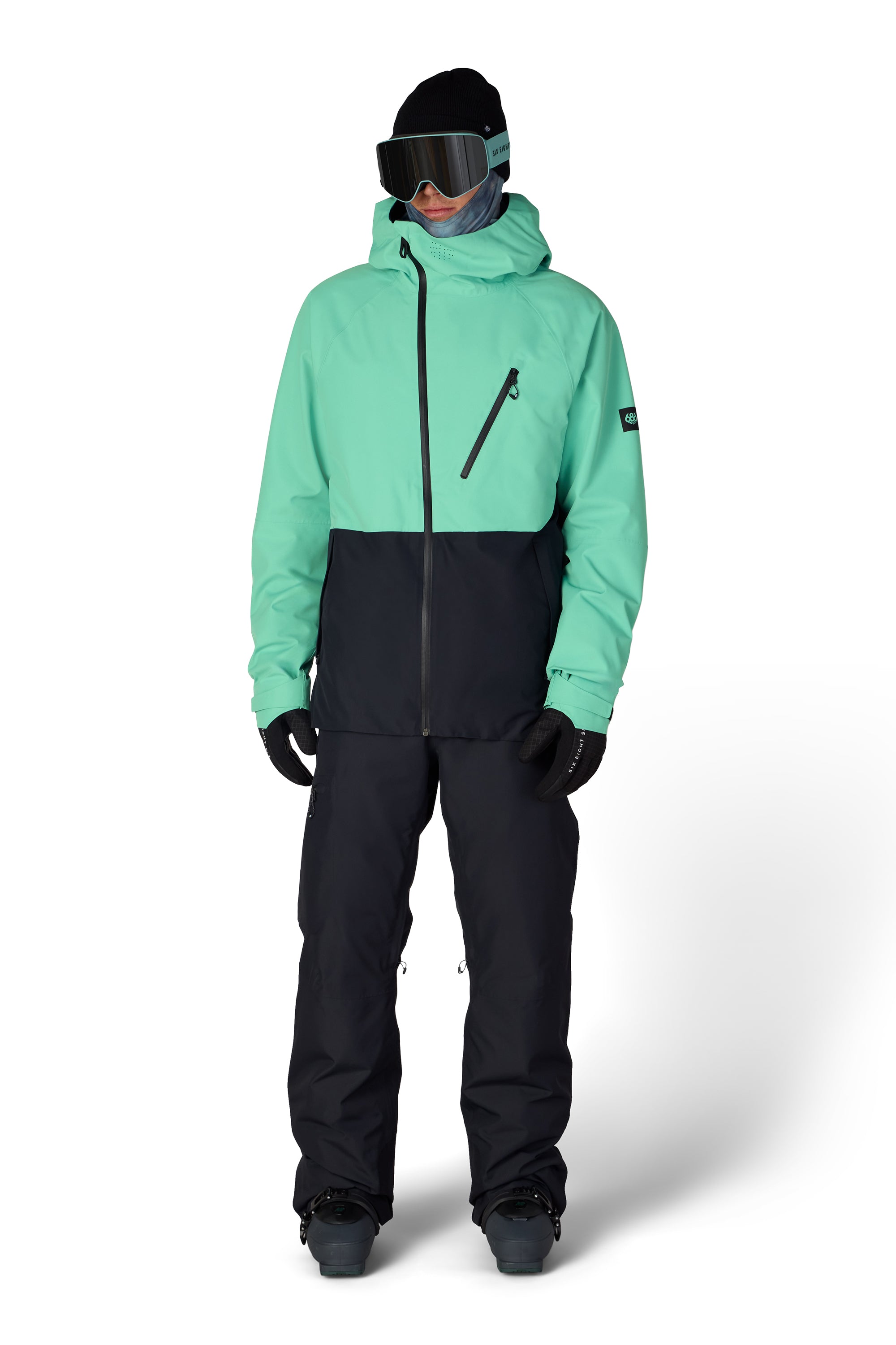 Men's hooded snow jacket with color-block panels in mint green and black, front zip.