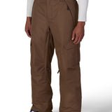 Men's insulated cargo pants in brown with angled cargo pocket panels and snap waist