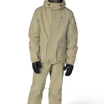 Men's khaki hooded insulated jacket, front view, zip front with chest and hand pockets