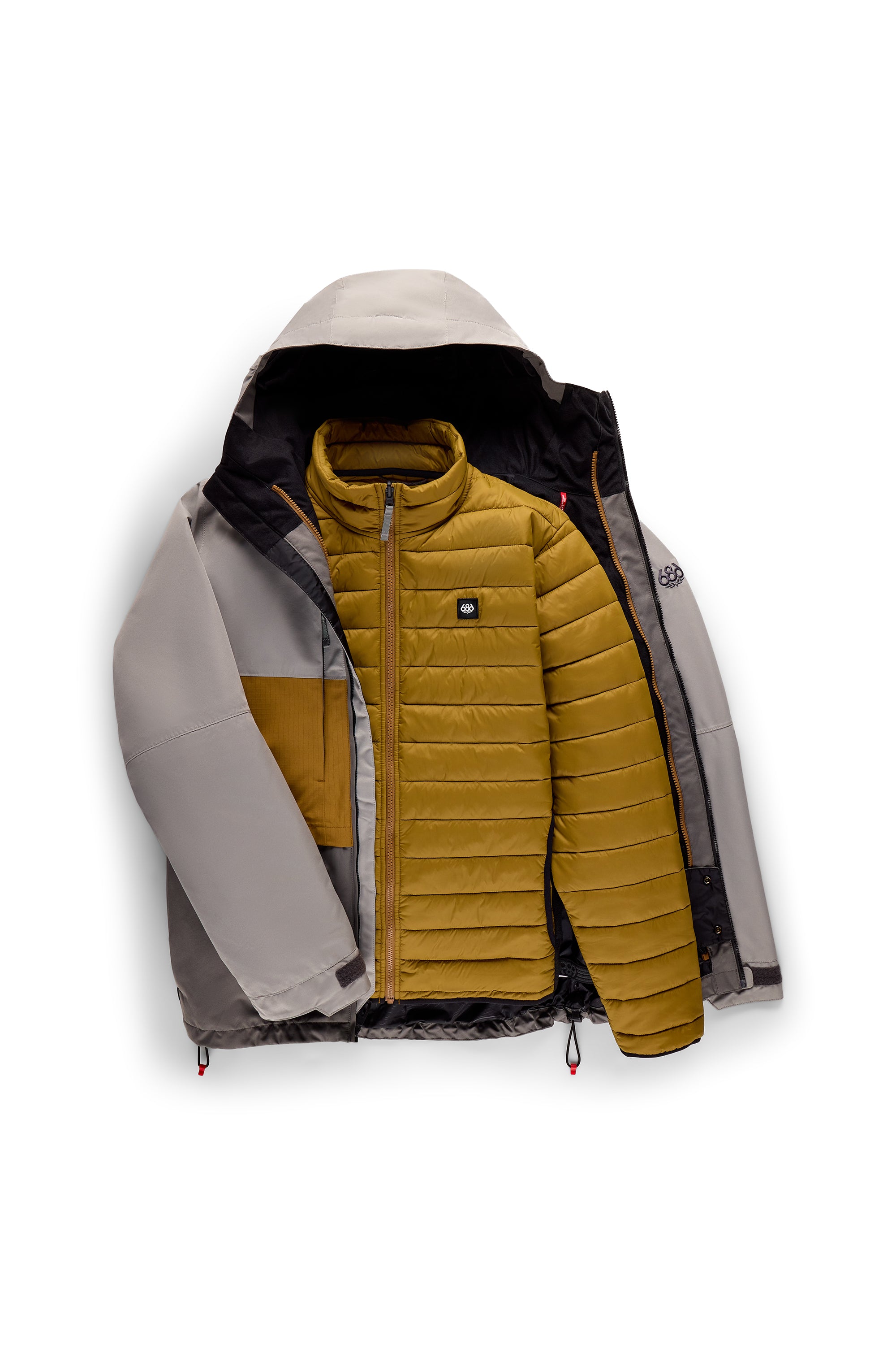Men's 3-in-1 form jacket with hood, gray shell over mustard quilted inner layer.