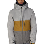 Men's 3-in-1 form jacket with hood, gray and mustard color-block design.