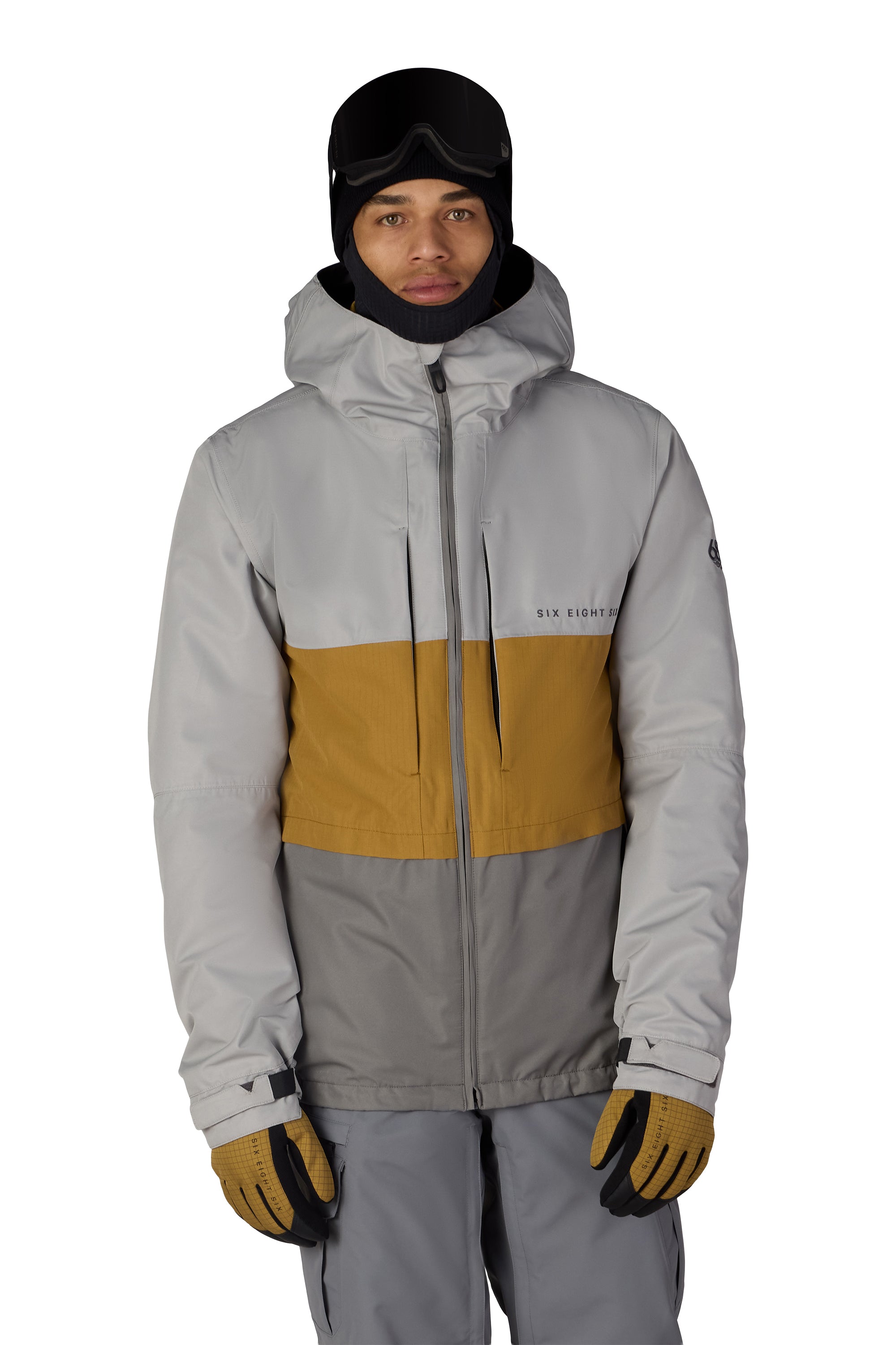 Men's 3-in-1 form jacket with hood, gray and mustard color-block design.