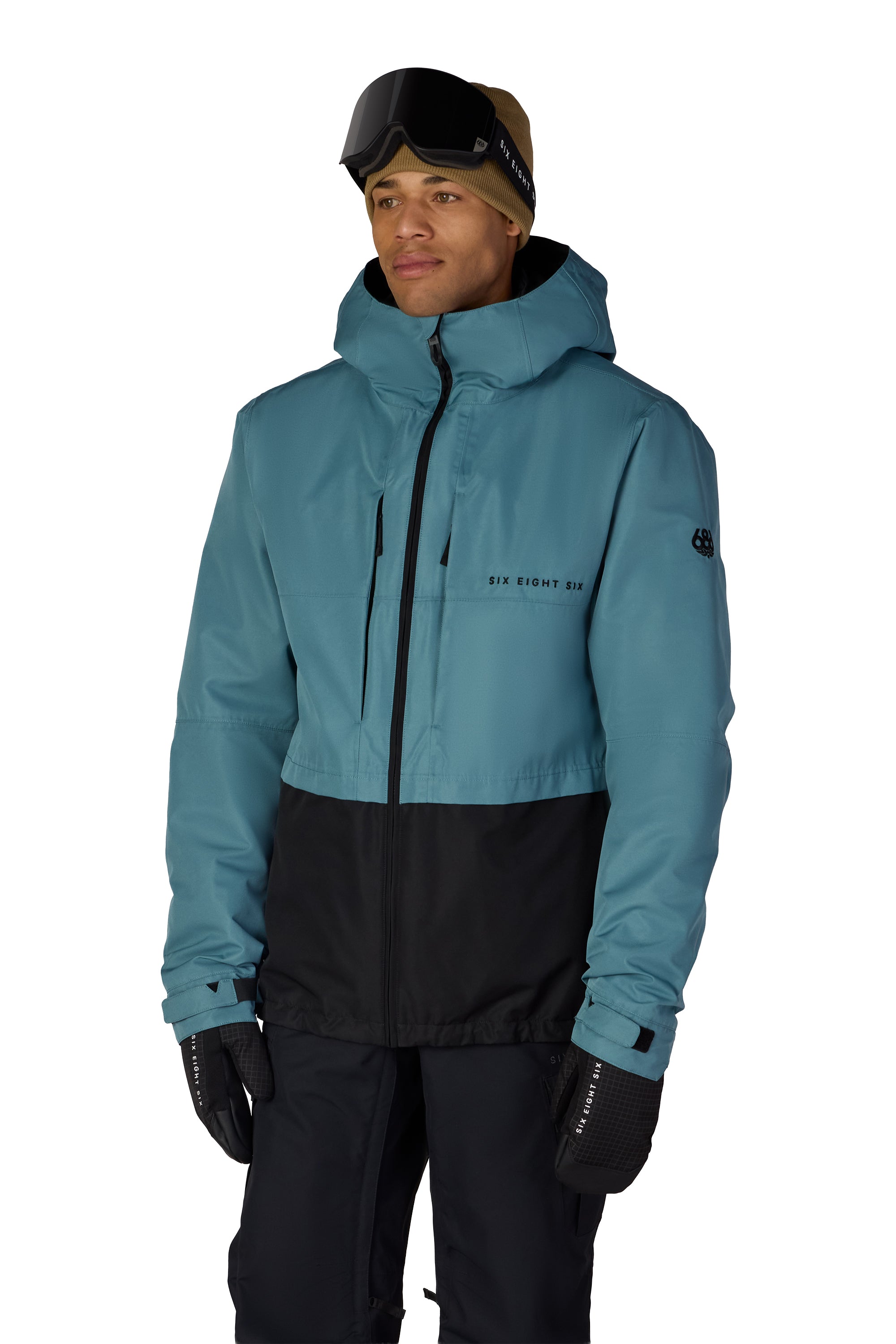 Men's 3-in-1 form jacket with hood, teal and black two-tone front.