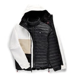 Men's 3-in-1 form jacket with hood, white-and-black shell over black quilted layer.