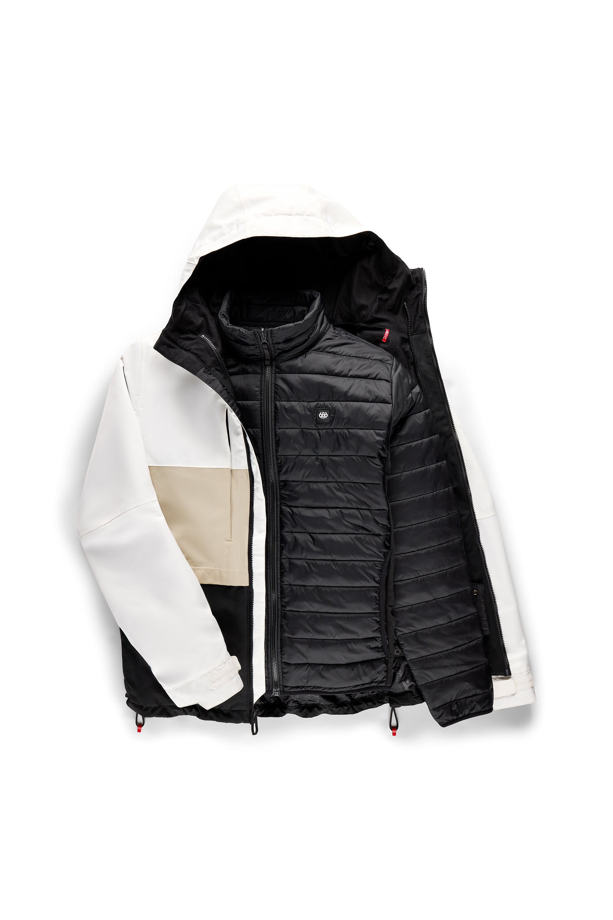 Men's 3-in-1 form jacket with hood, white-and-black shell over black quilted layer.