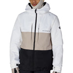 Men's 3-in-1 form jacket with hood, white upper and black lower color-block.