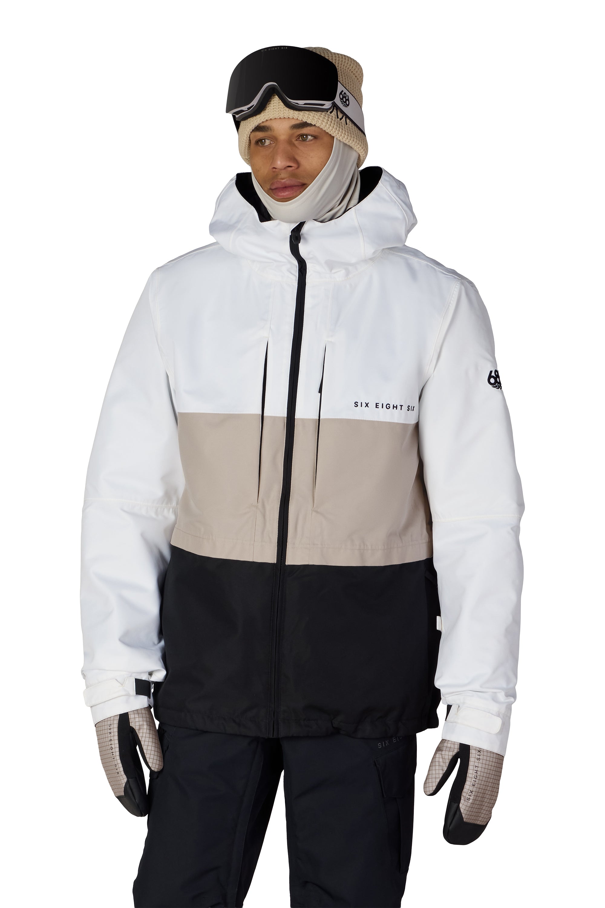 Men's 3-in-1 form jacket with hood, white upper and black lower color-block.
