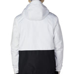 Men's 3-in-1 form jacket with hood, white upper and black lower panel.