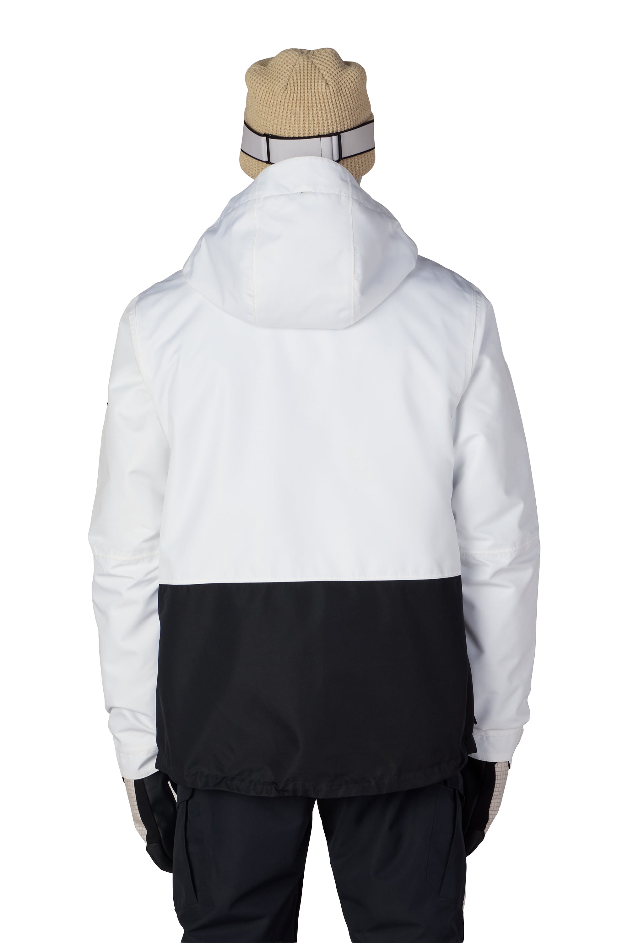 Men's 3-in-1 form jacket with hood, white upper and black lower panel.