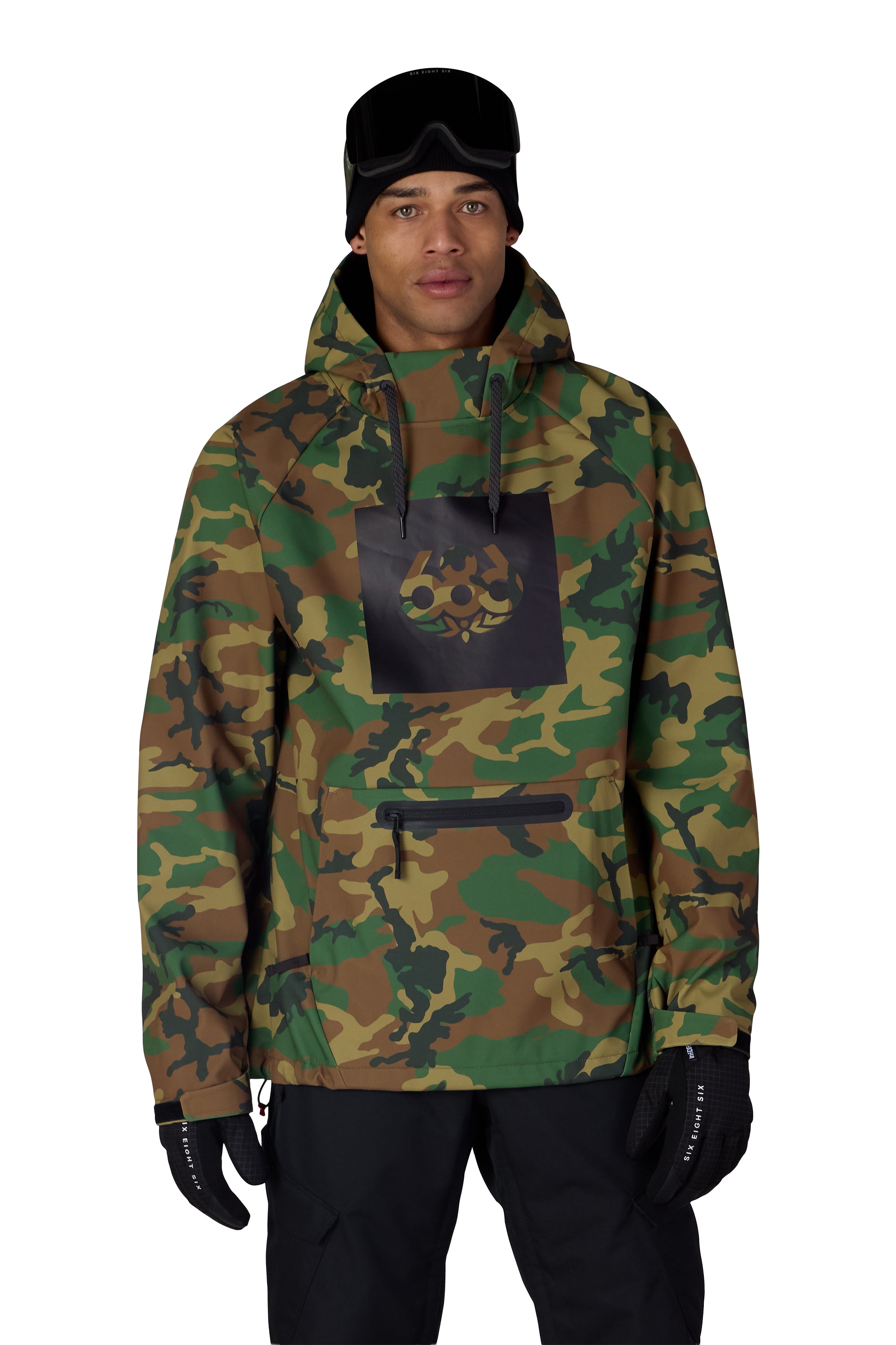 Men's waterproof camouflage hoody with chest logo and front zipper pocket