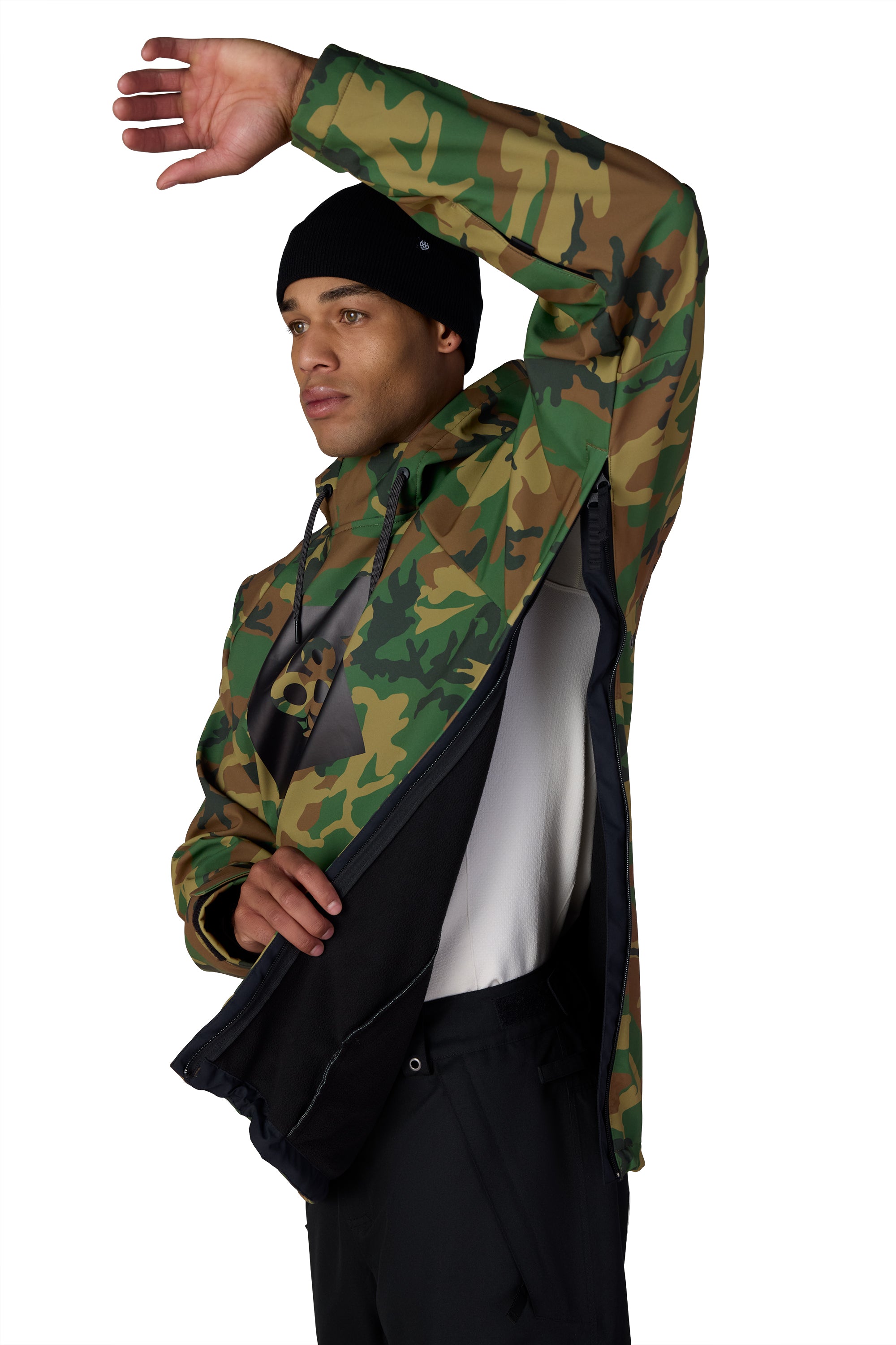 Men's waterproof camouflage hoody with adjustable hood and side zipper pocket