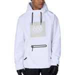 White waterproof men’s hoody with hood drawstrings, chest logo, and kangaroo pocket