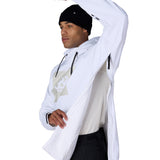 White waterproof men’s pullover hoody with adjustable hood, drawstrings, and kangaroo pocket