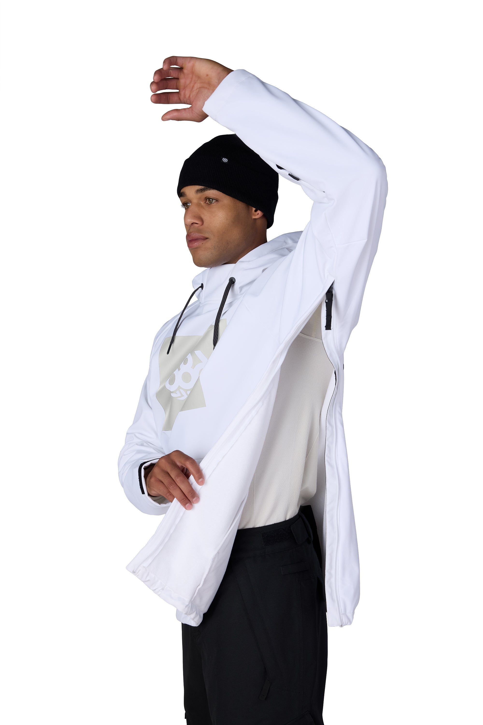White waterproof men’s pullover hoody with adjustable hood, drawstrings, and kangaroo pocket