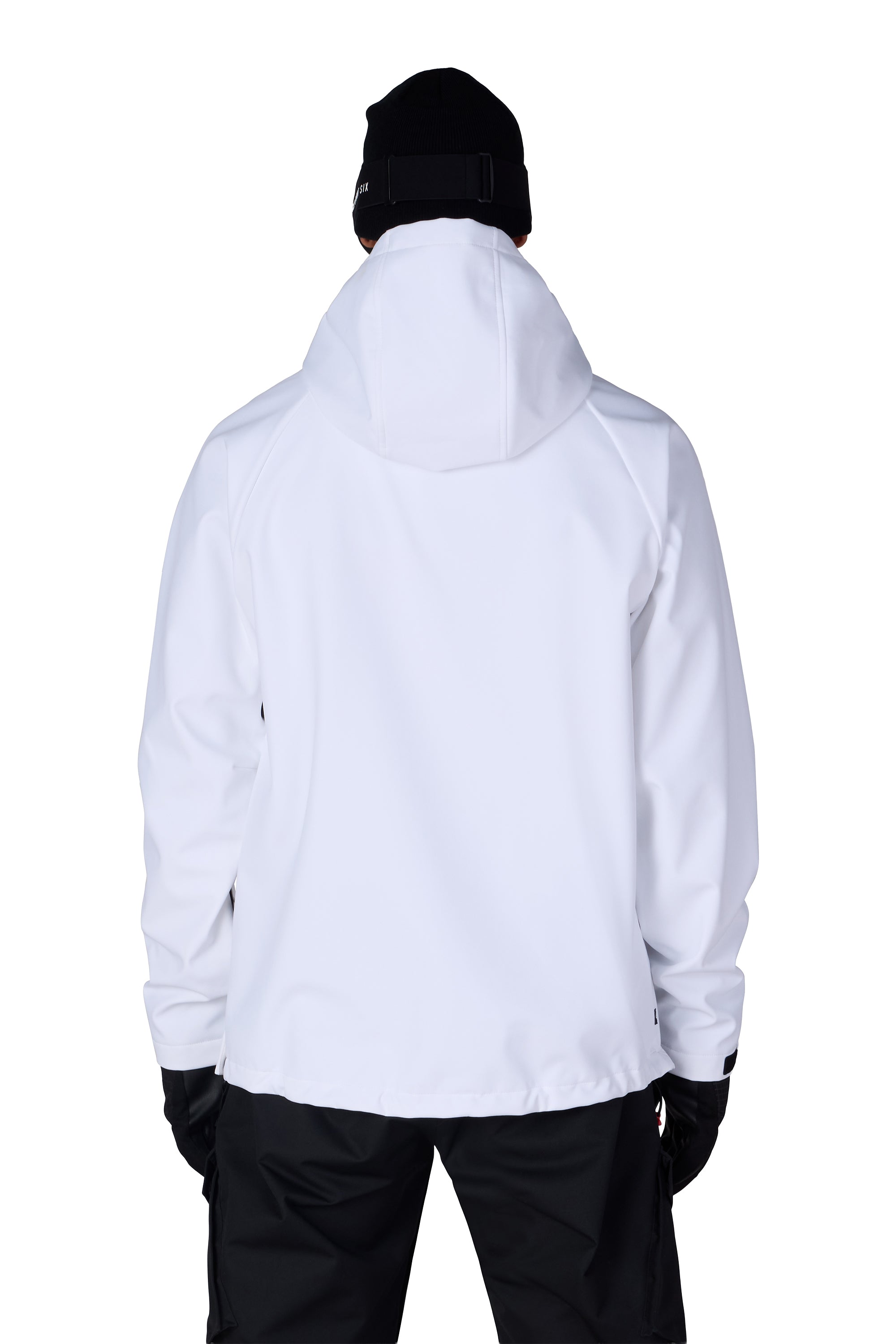 Men's waterproof white hoody from back with hood and black side trim