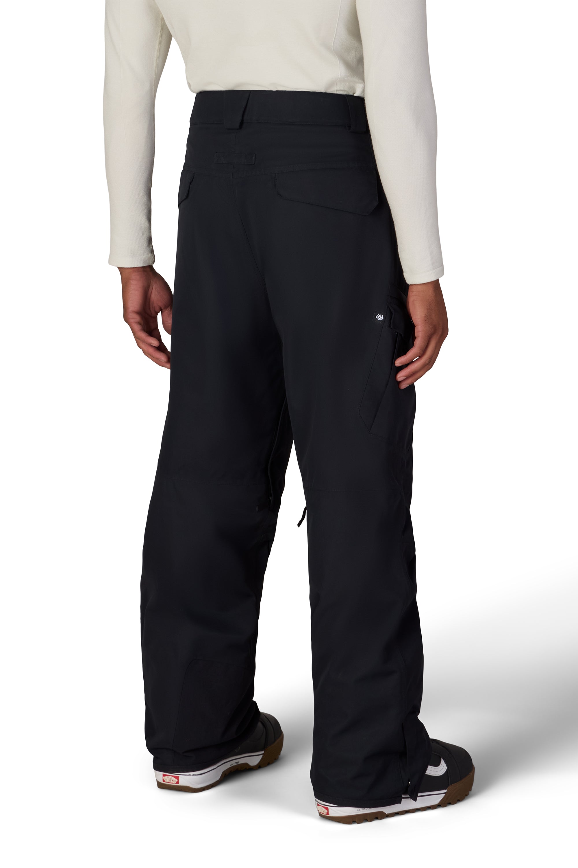 Men's black cargo snow pants with button waist and roomy straight legs