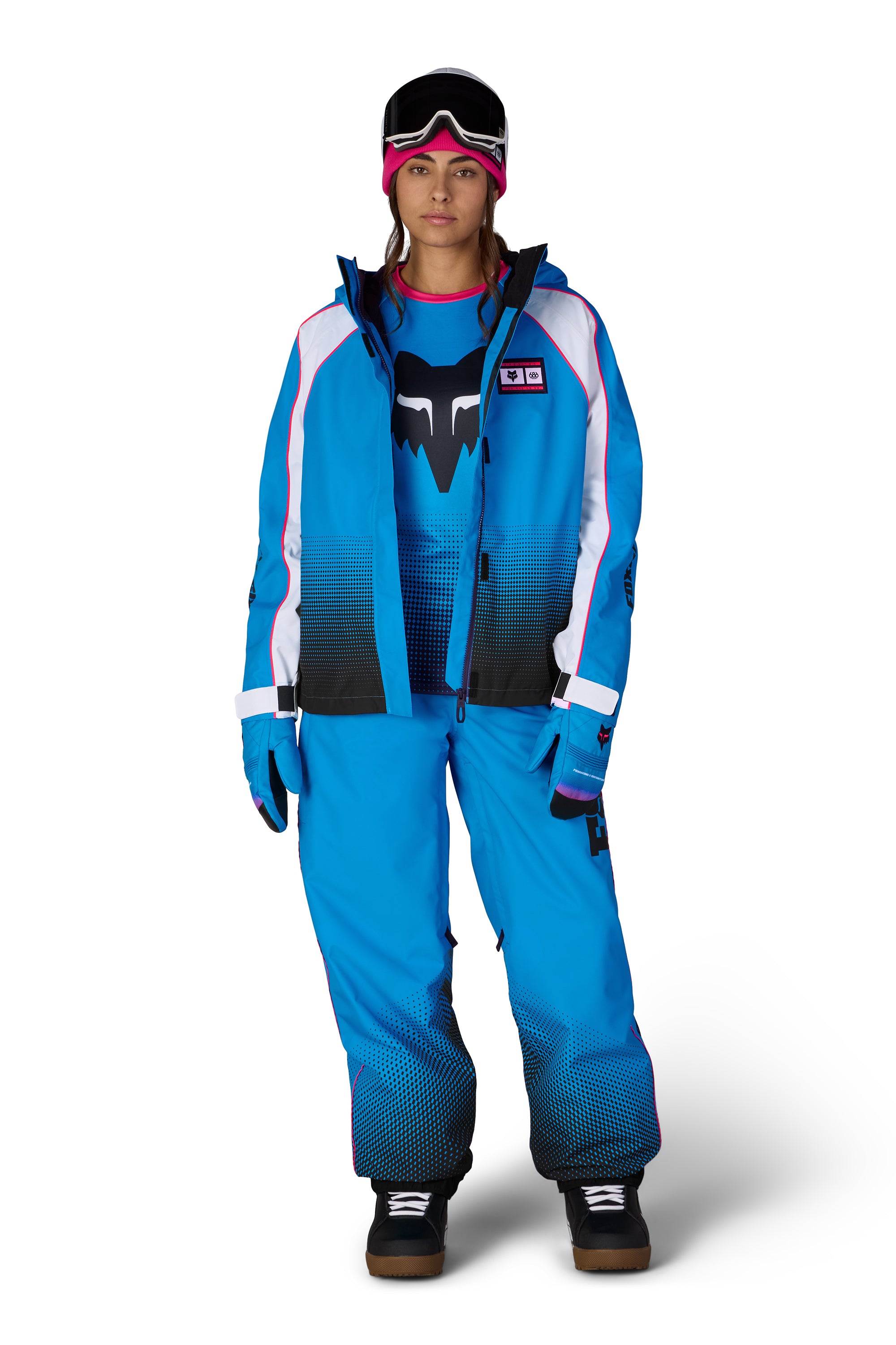 Women’s hooded shell anorak jacket, blue with white and red panels, front graphic and zip