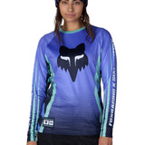 Women’s long-sleeve base layer jersey, blue with green trims and fox head graphic