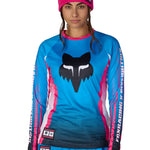Women’s long-sleeve base layer jersey, teal-blue with black fox logo and pink side panels