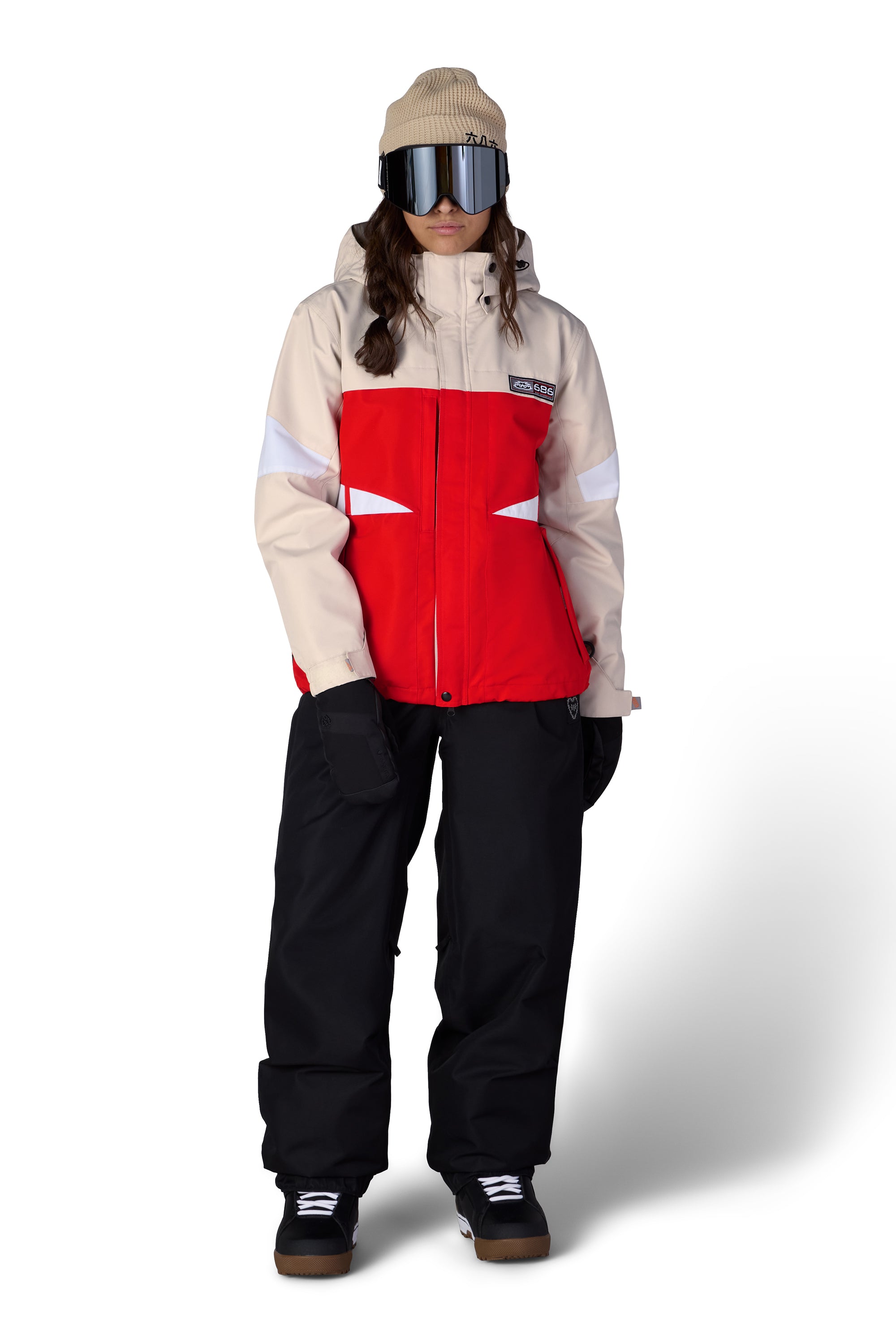Color-block search shell jacket, hood up; tan and red front panels with white trim