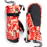 Women’s waterproof winter mittens with red camouflage pattern and black palms, drawcord closure
