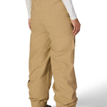 Women's khaki waterproof shell pants with adjustable waistband and elastic cuffs