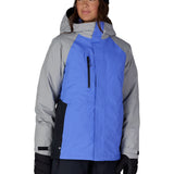Women's insulated ski jacket, blue with light gray sleeves, hooded zip front and chest pocket