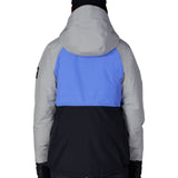 Women's insulated ski jacket, blue back panel with gray hood, rear zip and hem