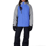 Women's insulated ski jacket, blue front with gray sleeves and hood, zip front and pockets